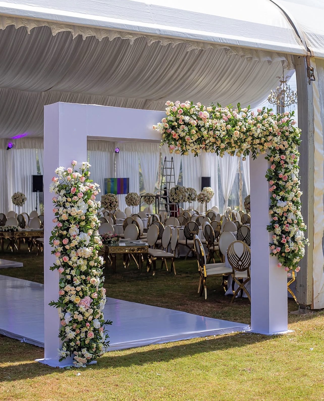 White gateway framed with blush roses leading into a garden marquee